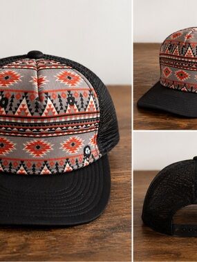 Patterned Trucker Hat with Aztec Print - Black and Rust